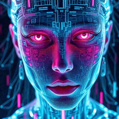 The primary subject of the image is a close-up of a woman's face with a blue and pink color scheme. The setting is a futuristic environment, possibly a digital art or illustration. The visual style is a combination of photo and digital art, creating a unique and intriguing appearance. The colors and mood of the image are predominantly blue and pink, giving it a vibrant and captivating atmosphere.